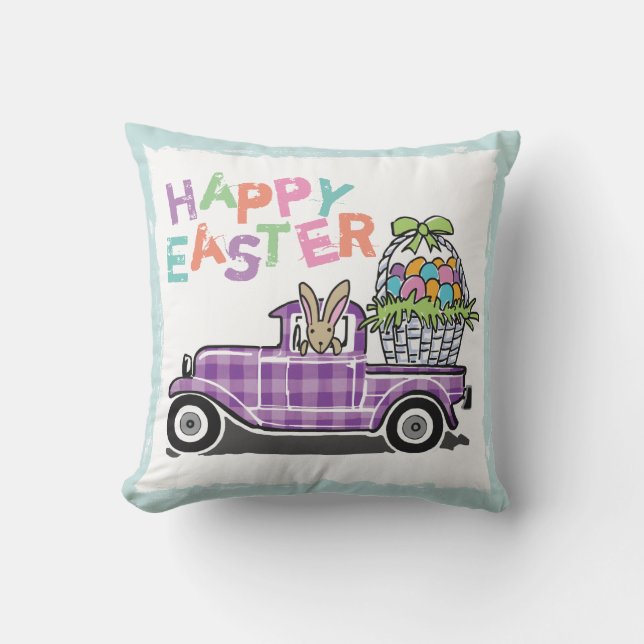 Vintage Truck Purple Gingham Happy Easter Bunny Cushion (Front)