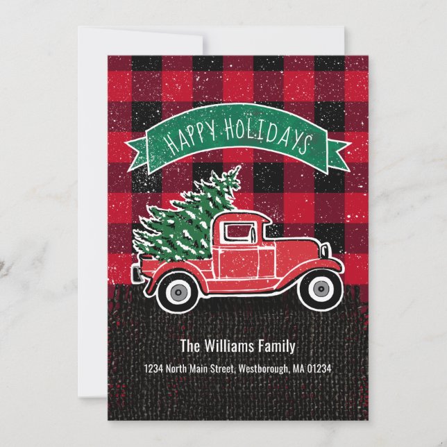 Vintage Truck Red Buffalo Plaid Holiday Moving Announcement (Front)