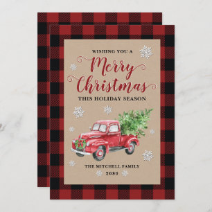 Vintage Truck Red Buffalo Plaid Merry Christmas Holiday Card