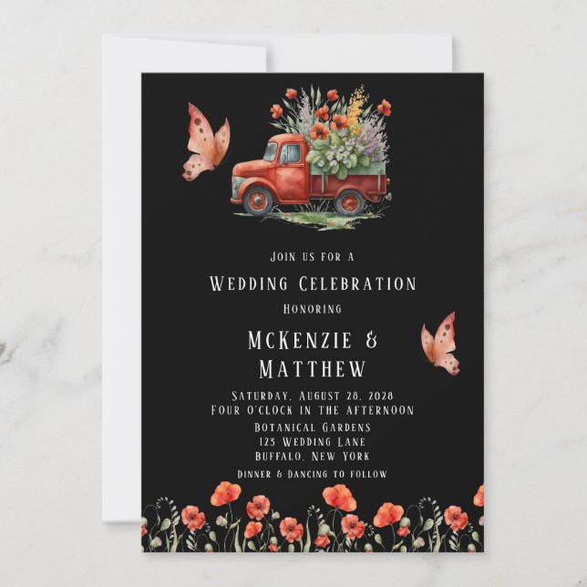 Vintage Truck Red Poppies Butterfly Wedding Invitation (Front)