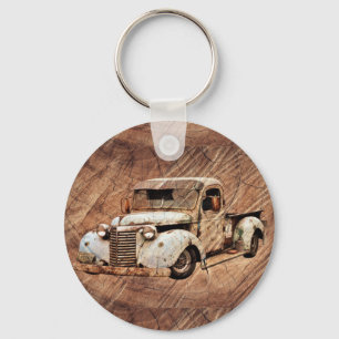Vintage Truck Rustic Wood Key Ring