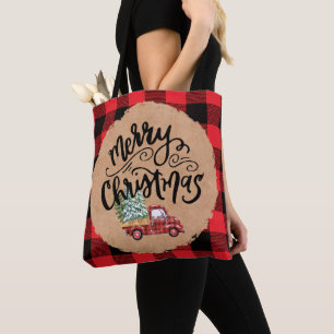 Vintage Truck Script Christmas Buffalo Plaid Tote Bag