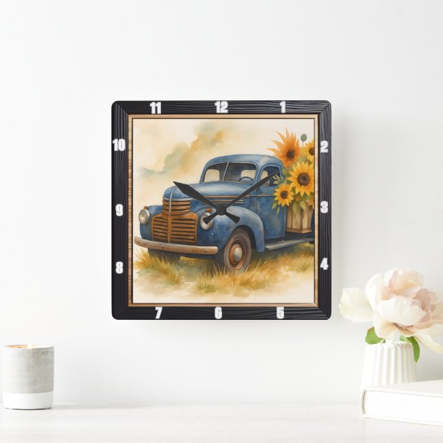 Vintage Truck Sunflower Farm  Square Wall Clock (Home)