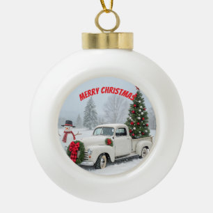Vintage Truck with Christmas Tree and Snowman Ceramic Ball Christmas Ornament