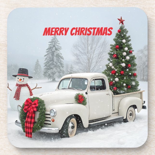 Vintage Truck with Christmas Tree and Snowman Coaster (Front)