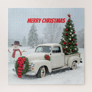 Vintage Truck with Christmas Tree and Snowman Jigsaw Puzzle