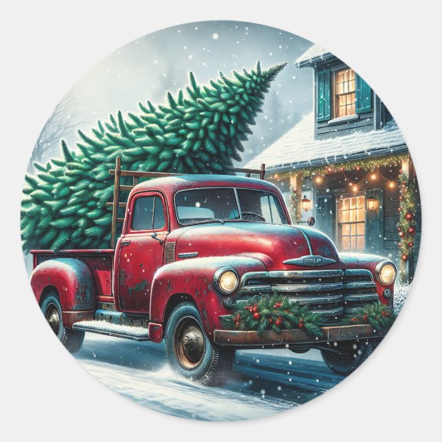 Vintage Truck with Christmas Tree Classic Round Sticker (Front)