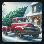 Vintage Truck with Christmas Tree Square Sticker<br><div class="desc">An old-fashioned red vintage truck driving up to a Christmas cottage with a Christmas tree in back. Pretty watercolor style ai art.</div>