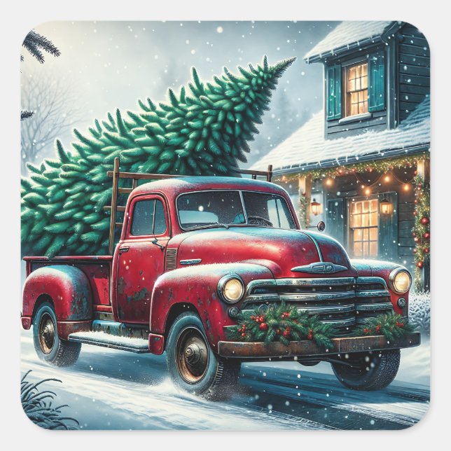 Vintage Truck with Christmas Tree Square Sticker (Front)