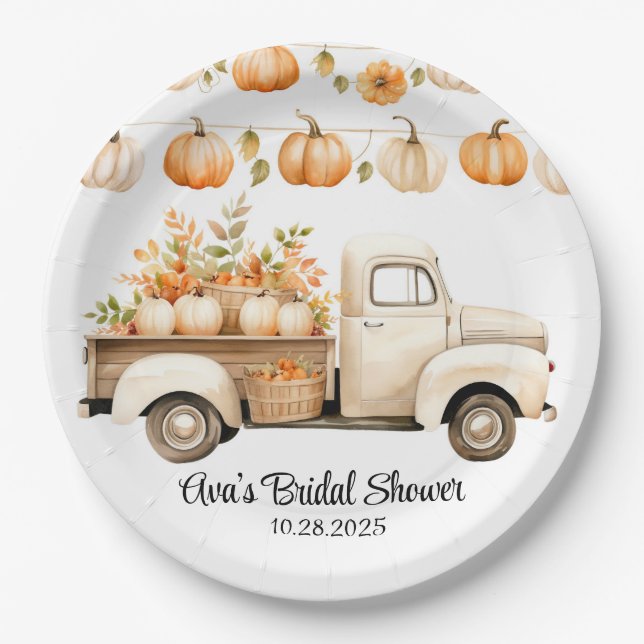 Vintage Truck with Pumpkins Bridal Shower Paper Plate (Front)