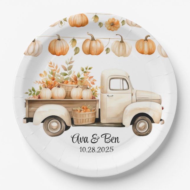 Vintage Truck with Pumpkins Wedding Paper Plate (Front)