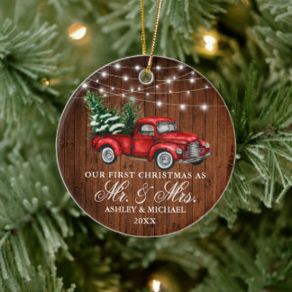 Vintage Truck Wood Lights Mr. Mrs. Christmas Ceramic Tree Decoration