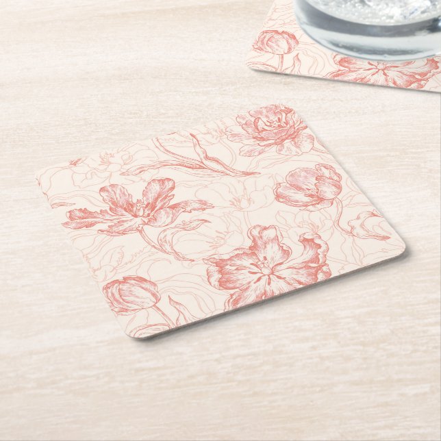 Vintage Tulip Floral Pattern Square Paper Coaster (Angled)