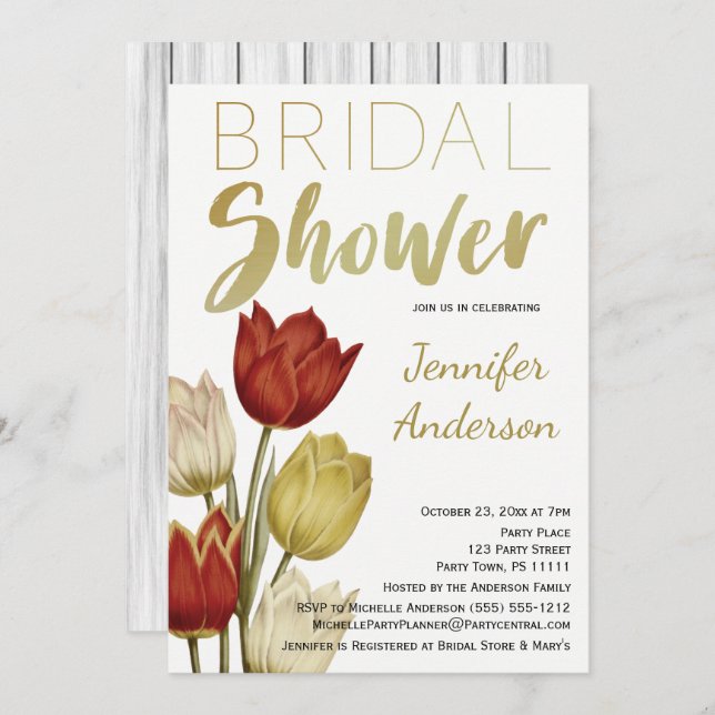 Vintage Tulip Red White Gold Bridal Shower Invitation (Front/Back)
