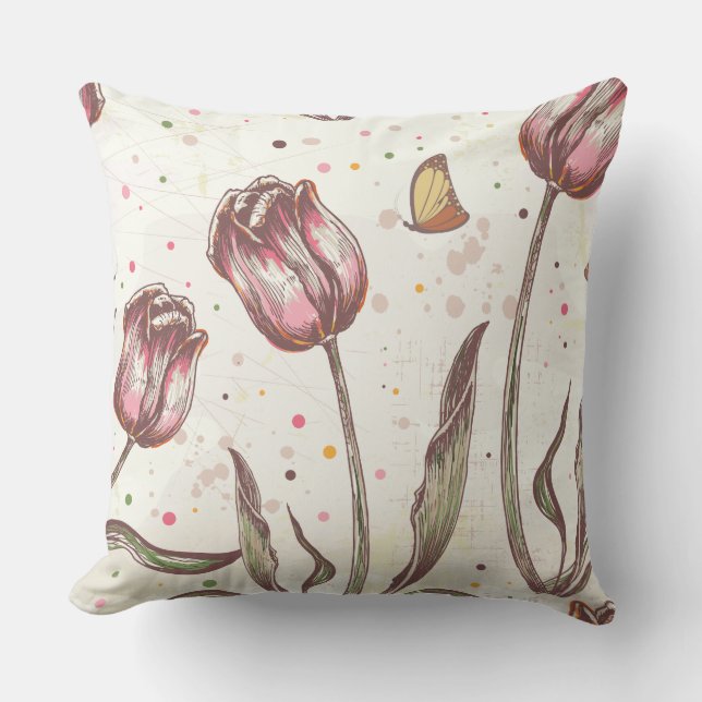 Vintage Tulips and Butterflies Throw Pillow (Front)