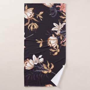 Vintage tulips, dark purple background bath towel