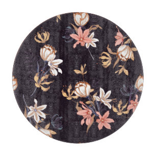 Vintage tulips, dark purple background cutting board