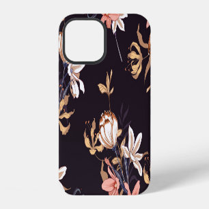 Vintage tulips, dark purple background iPhone 12 case
