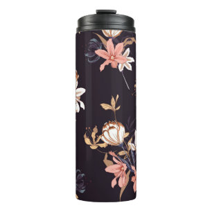 Vintage tulips, dark purple background thermal tumbler