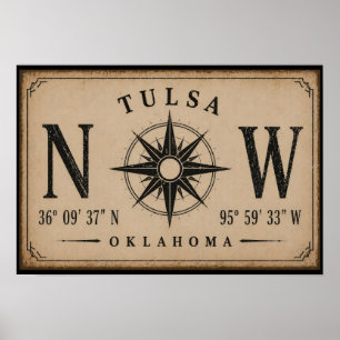 Vintage Tulsa Oklahoma Coordinates Compass Poster