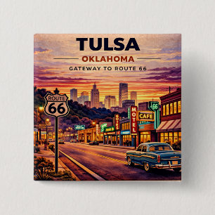 Vintage Tulsa Oklahoma Route 66 Travel Scene 15 Cm Square Badge
