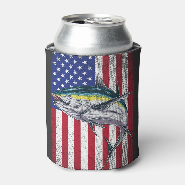 Vintage Tuna Fishing American Flag Fisherman  Can Cooler (Can Front)