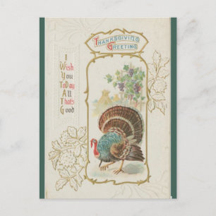 Vintage Turkey and Green Leaves Thanksgiving Postcard