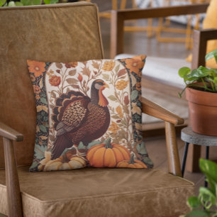 Vintage Turkey and Pumpkins Autumn Cushion