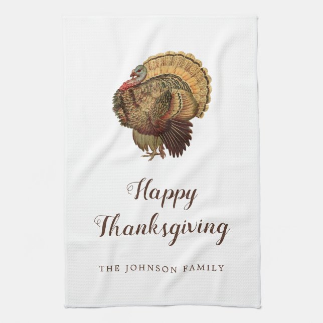 Vintage Turkey Happy Thanksgiving Tea Towel (Vertical)