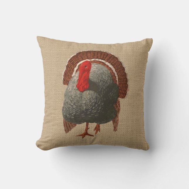 Vintage Turkey Pillow on faux Burlap (Front)