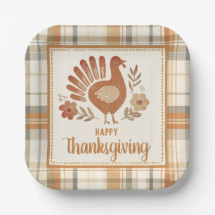Vintage Turkey Plaid Thanksgiving Paper Plate