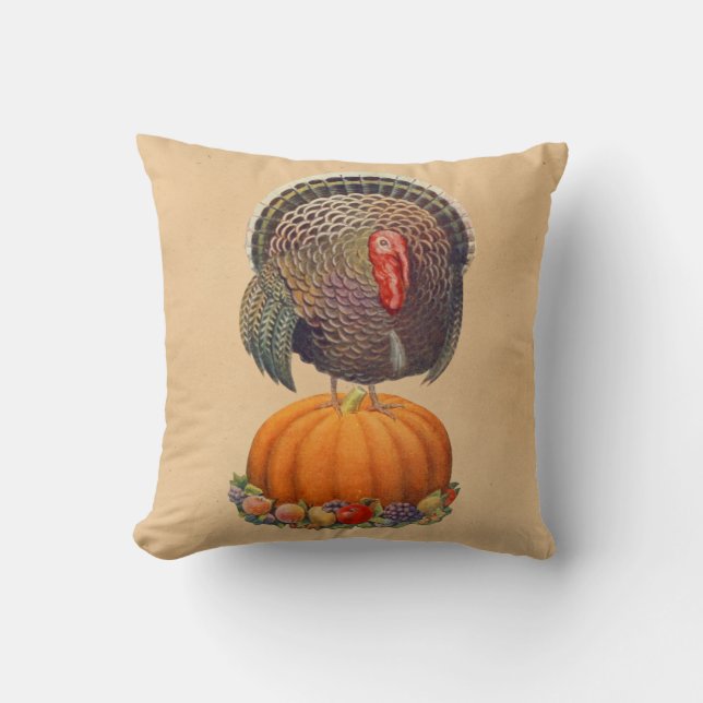 Vintage Turkey Pumpkin Thanksgiving  Cushion (Front)