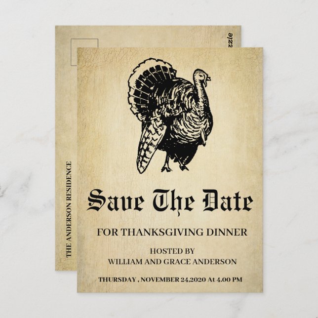 Vintage Turkey Save the Date Thanksgiving   Postcard (Front/Back)