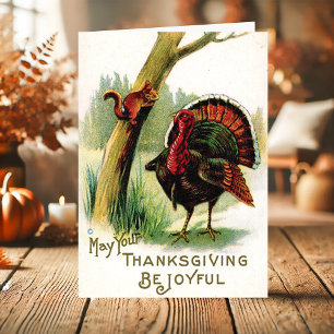 Vintage Turkey Squirrel Thanksgiving Holiday Card