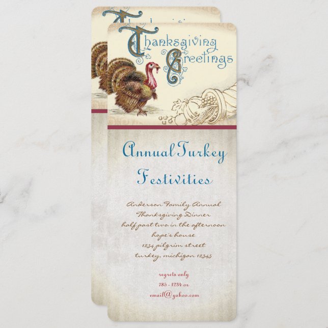 Vintage Turkey Thanksgiving Dinner Invitations (Front/Back)