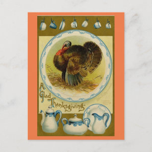 Vintage Turkey With Dishes Holiday Postcard