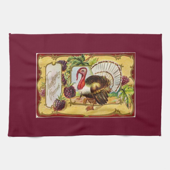 Vintage Turkey With Grapes Tea Towel (Horizontal)