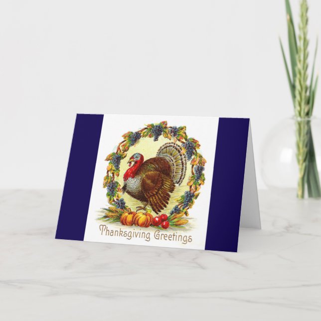 Vintage Turkey With Wreath Thanksgiving Card (Front)