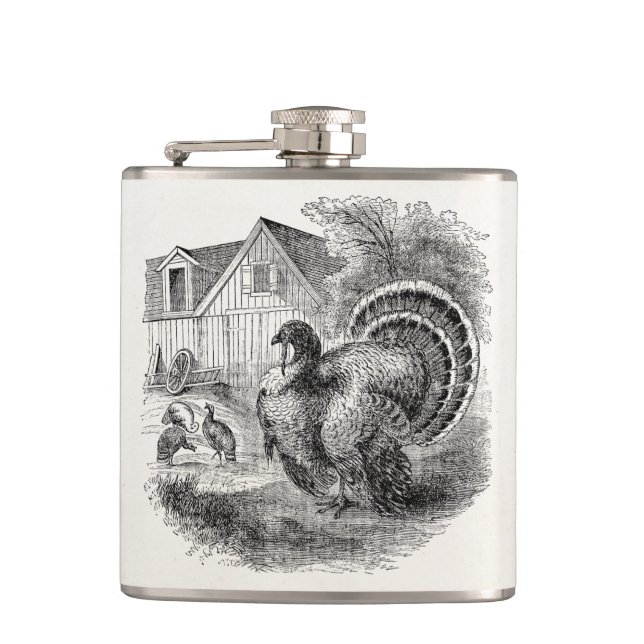 Vintage Turkeys - Personalised Barn Turkey Birds Hip Flask (Front)