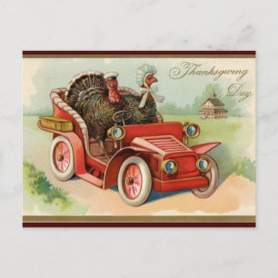 Vintage Turkeys Riding in a Car Thanksgiving Postcard