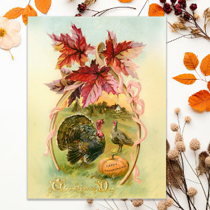 Vintage Turkeys, Wishbone and Autumn Leaves Postcard