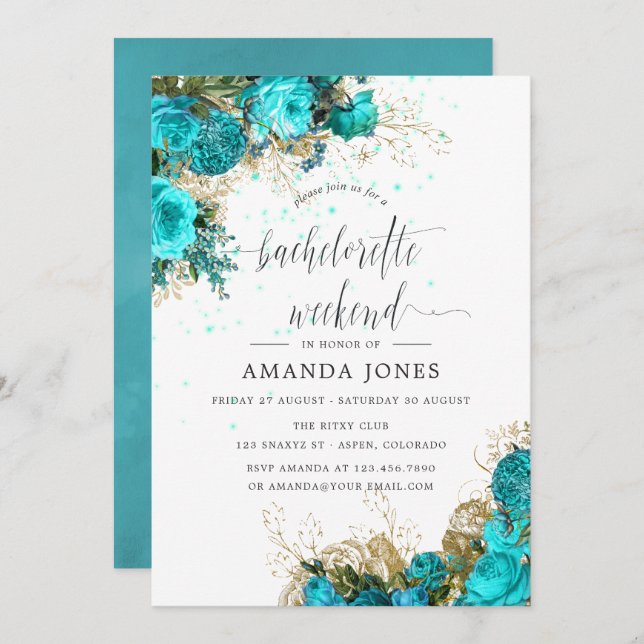 Vintage Turquoise and Gold Bachelorette Weekend Invitation (Front/Back)