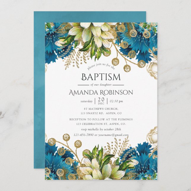 Vintage Turquoise and Gold Floral Baptism Invitation (Front/Back)