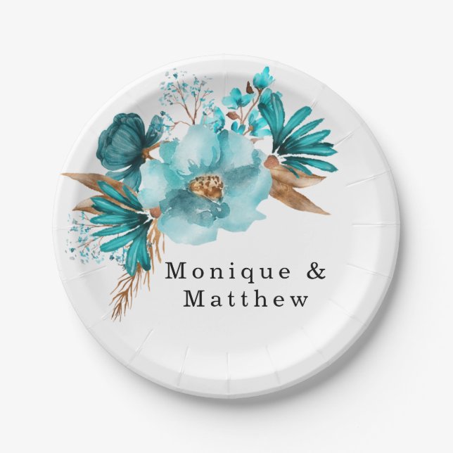 Vintage Turquoise and Gold Peony Wedding Paper Plate (Front)