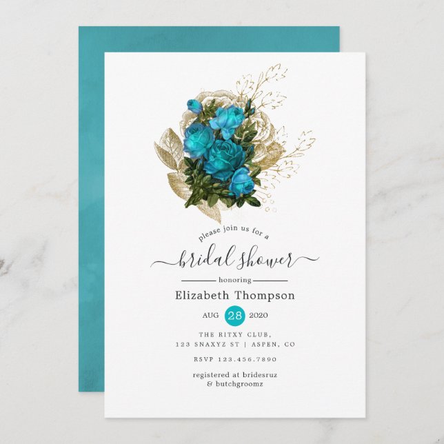 Vintage Turquoise and Gold Shabby Bridal Shower Invitation (Front/Back)