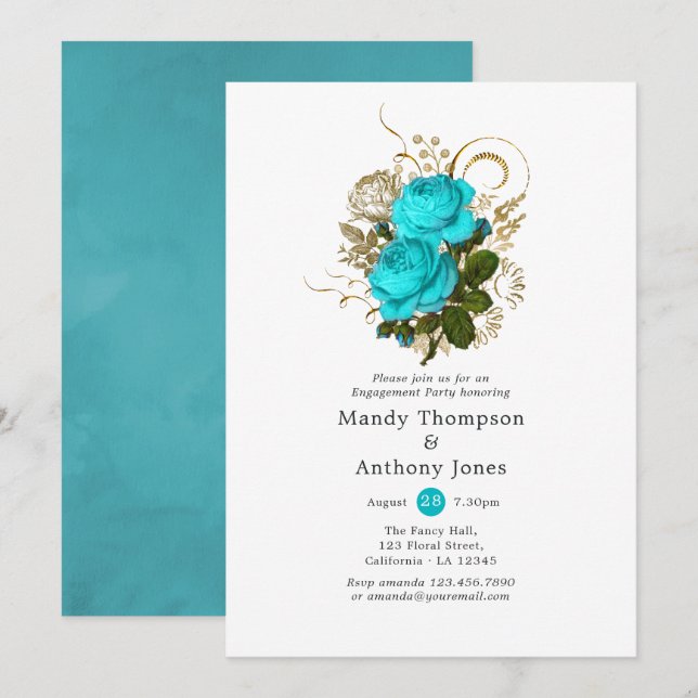 Vintage Turquoise and Gold Shabby Engagement Party Invitation (Front/Back)
