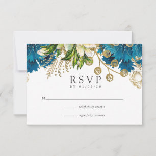 Vintage Turquoise and Gold Shabby Floral Wedding RSVP Card