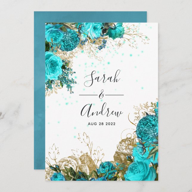 Vintage Turquoise and Gold Shabby Wedding Invitation (Front/Back)