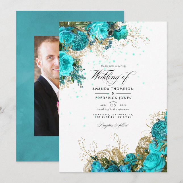 Vintage Turquoise and Gold Shabby Wedding Photo Invitation (Front/Back)