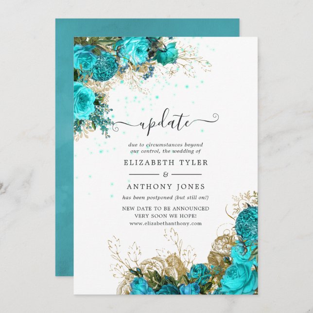 Vintage Turquoise and Gold Shabby Wedding Update Invitation (Front/Back)